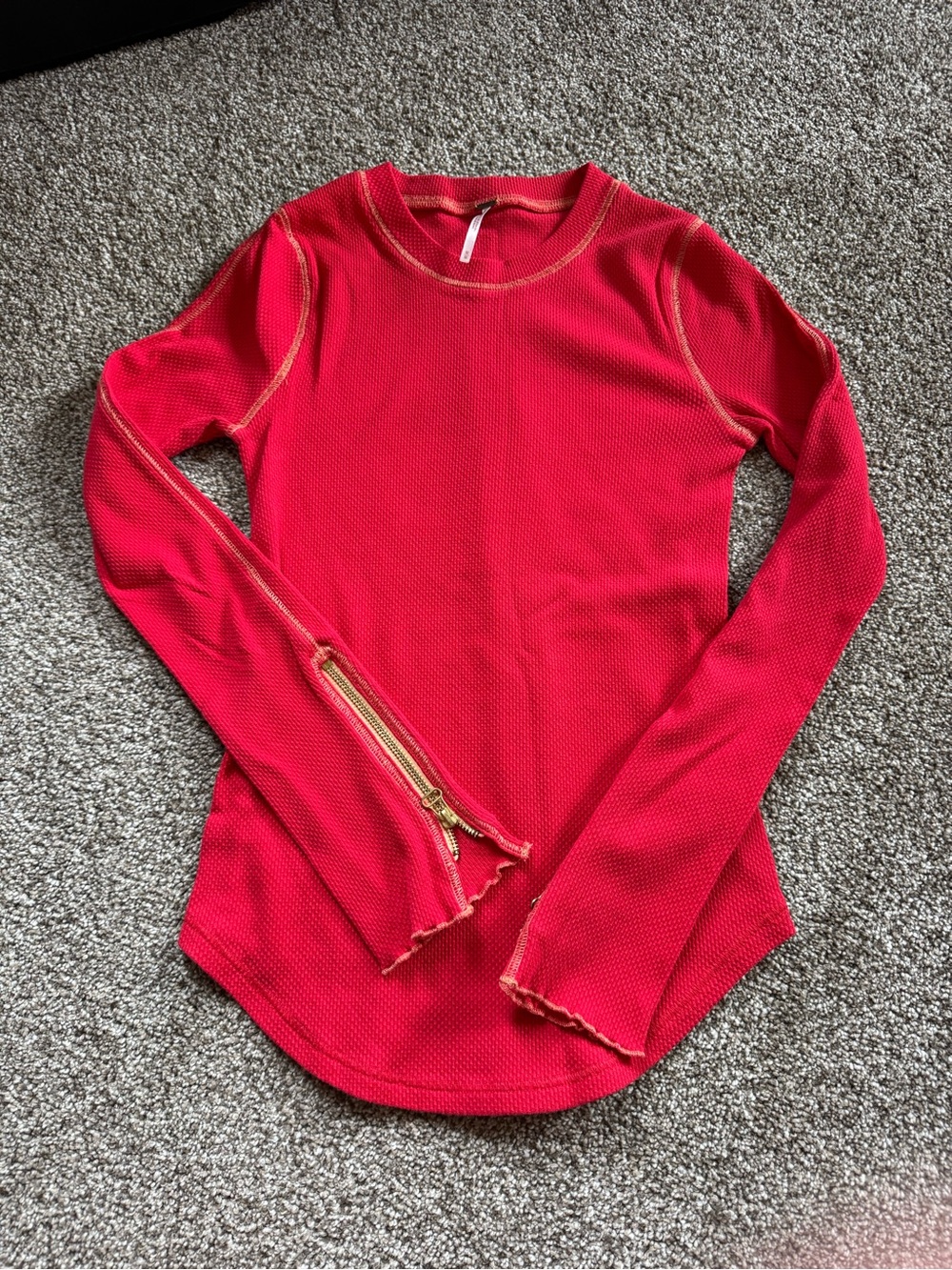 Free People Zip It Cuff Thermal Top Red Coral Contrast Stitching Medium